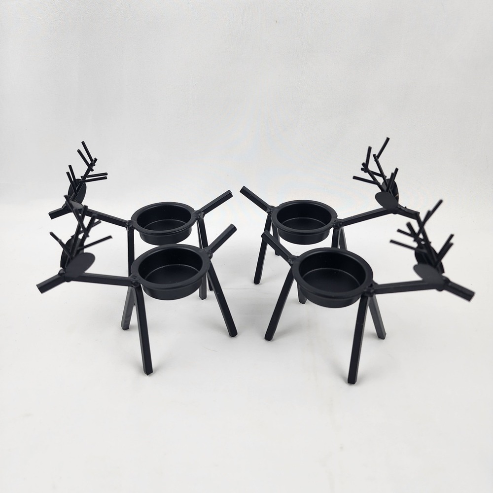 4 Metal Reindeer‎ Candleholders Antique Black 5"x5" Holiday Primitive Farmhouse - Picture 4 of 5